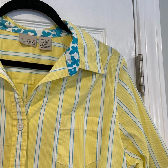 L.L. Bean Size XL Yellow Turquoise Stripe Short Sleeve Cotton Button Down Shirt - Picture 7 of 12